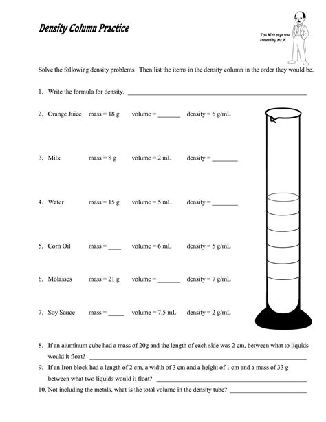 density worksheet middle school